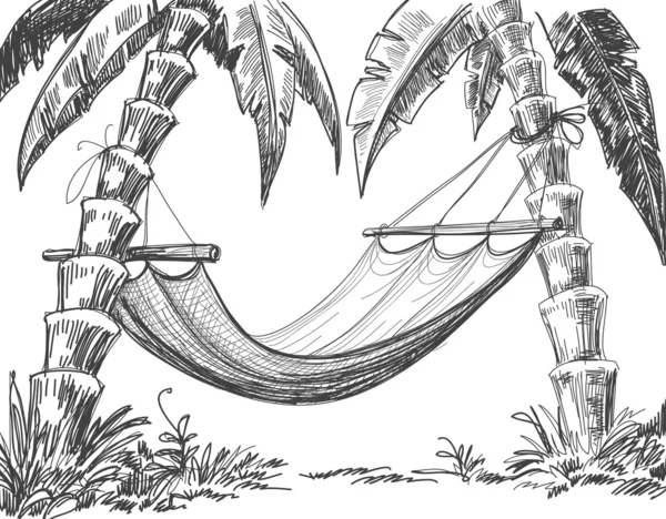 Hamaca y palmeras dibujo — Vector de stock