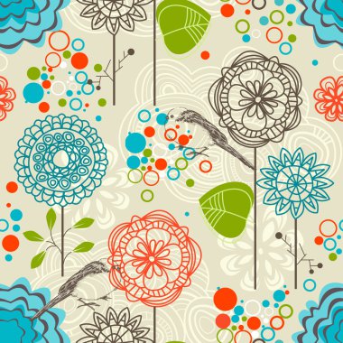 Retro garden seamless pattern, flowers and birds clipart