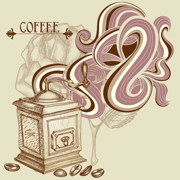 ビンテージ コーヒーミル、コーヒー背景 — ストックベクタ