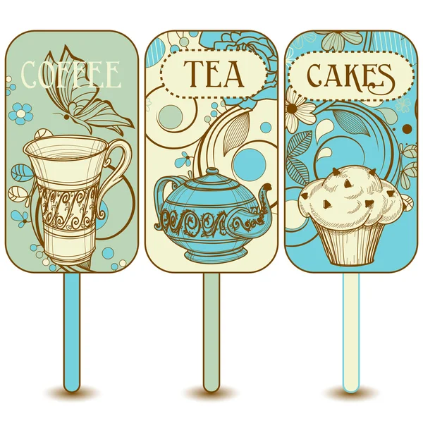 Café, chá, etiquetas de cupcakes —  Vetores de Stock