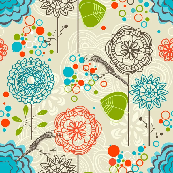 Jardin rétro motif sans couture, fleurs et oiseaux — Image vectorielle