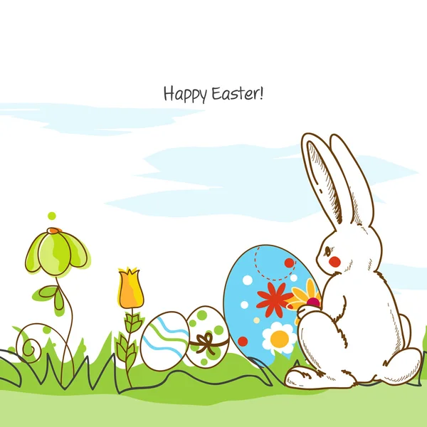 Escena de Pascua, conejo blanco y huevos pintados — Vector de stock