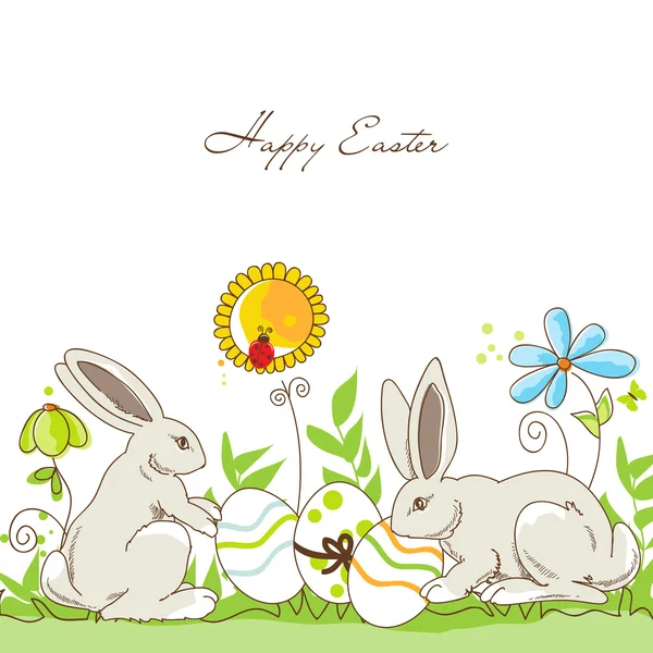 Happy Easter rabbits and eggs on a meadow — Stock Vector