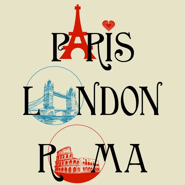 Parigi, Londra, Roma lettering — Vettoriale Stock