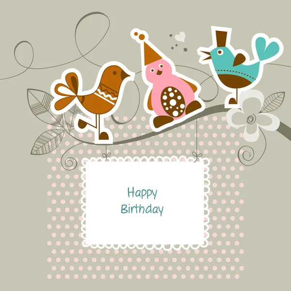 Amigos engraçados em um galho de árvore; cartão de aniversário feliz — Vetor de Stock
