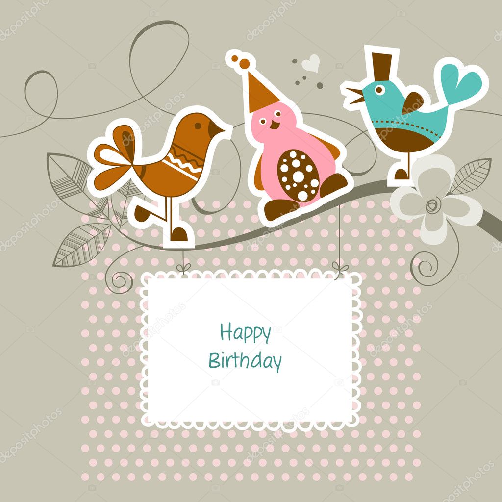Funny friends on a tree branch; happy birthday card