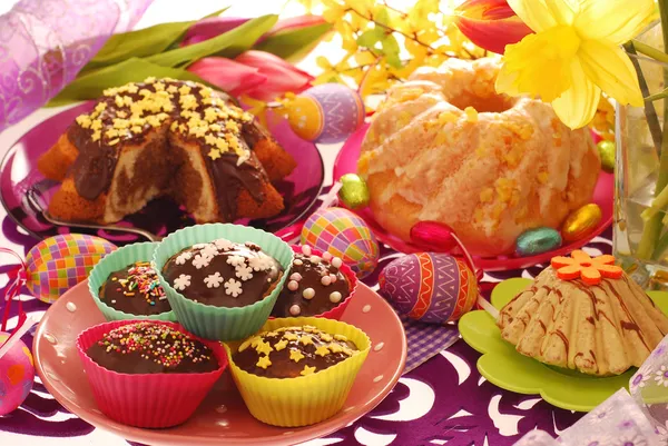 Easter confectionery on festive table — Stock Photo, Image