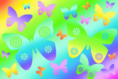 Gökkuşağı arka plan üzerinde renkli kelebekler
