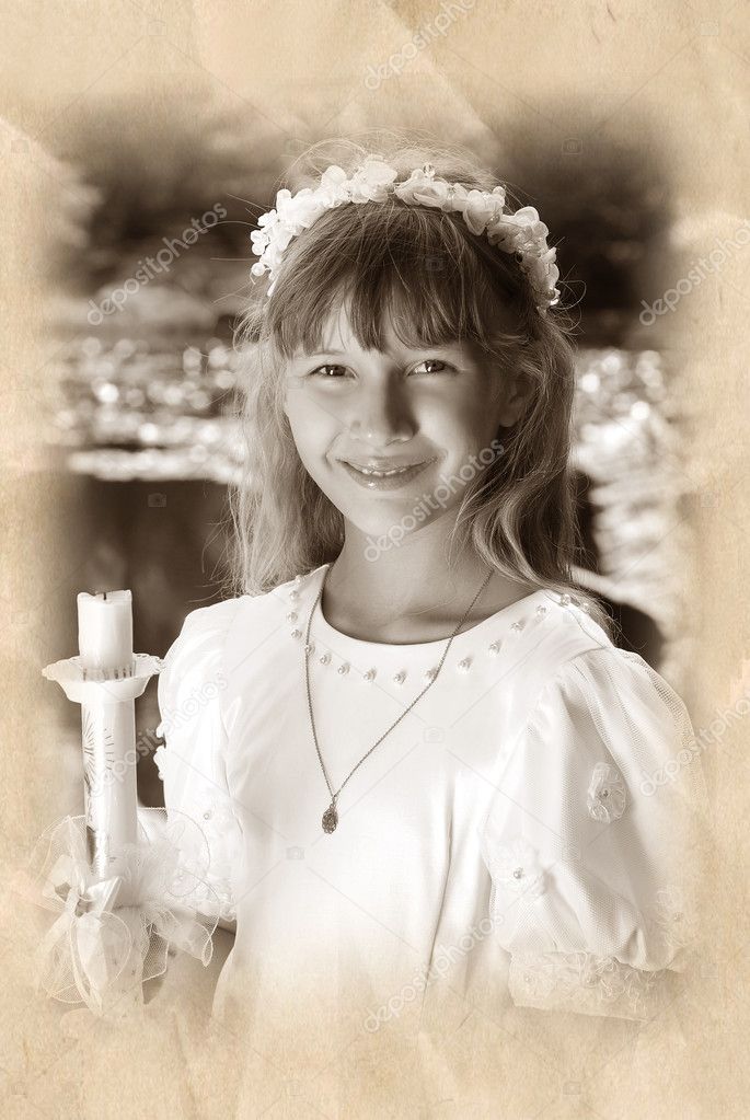 Girl going to the first holy communion in sepia