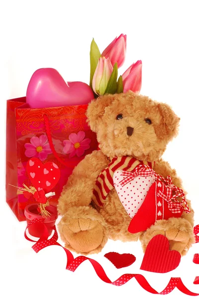 Teddy bear with valentine`s gifts — Stock Photo, Image
