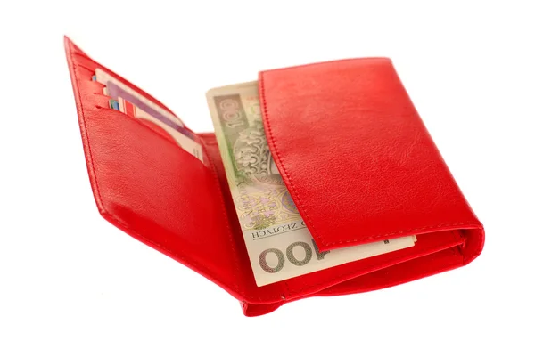 Rode portemonnee met Pools geld geïsoleerd op wit — Stockfoto