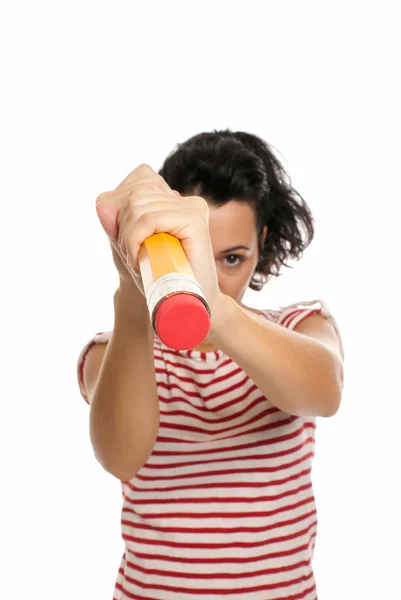 stock image Young woman with big pencil eraser rubber isolated on white background