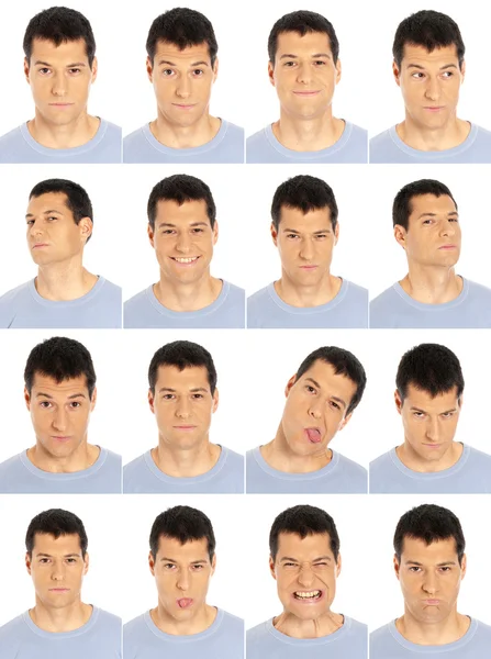 Felnőtt férfi arcát kifejezések kompozit elszigetelt fehér background — Stock Fotó