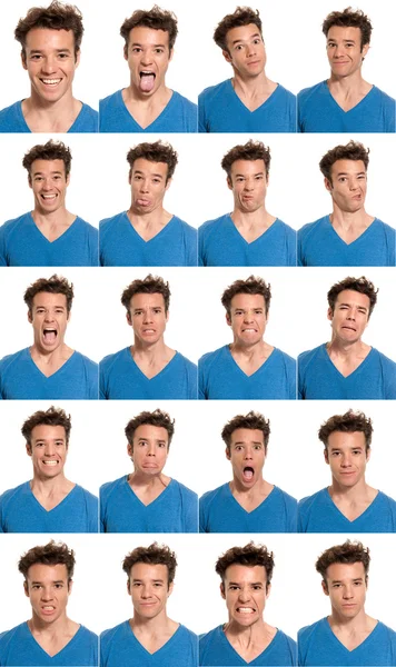 Junger Mann Gesichtsausdrücke zusammengesetzt isoliert auf weißem Hintergrund lizenzfreie Stockfotos