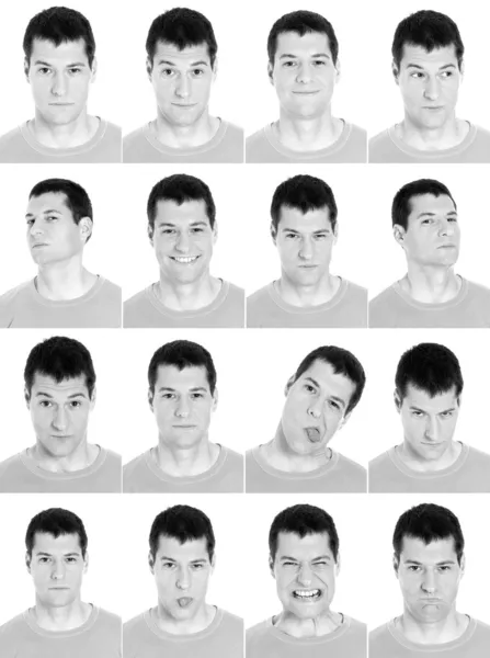 Hombre adulto cara expresiones compuesto compuesto blanco y negro . — Foto de Stock