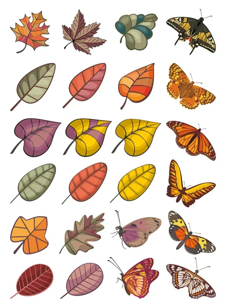 Sammlung von Blättern und Schmetterlingen — Stockvektor