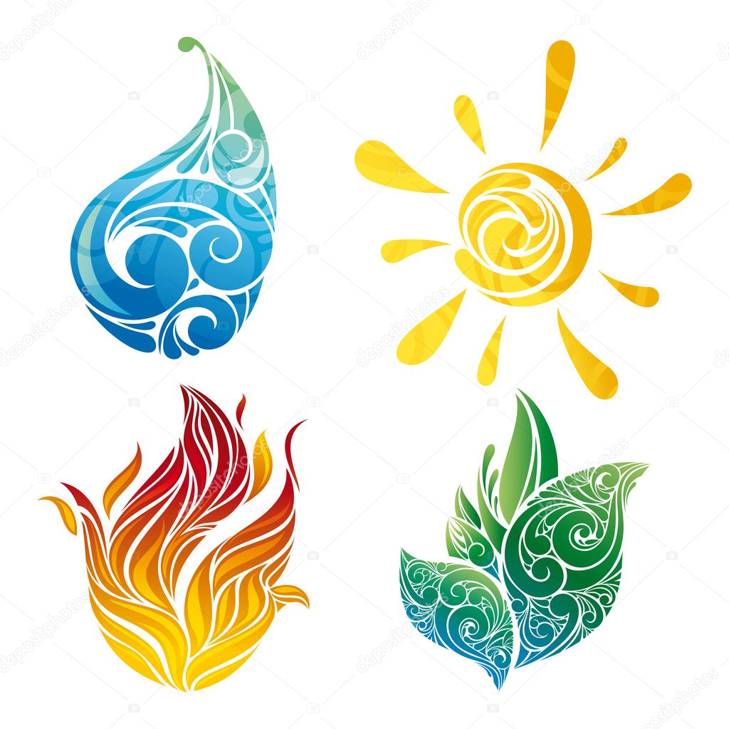 Vector sun, leaf, water and fire symbols