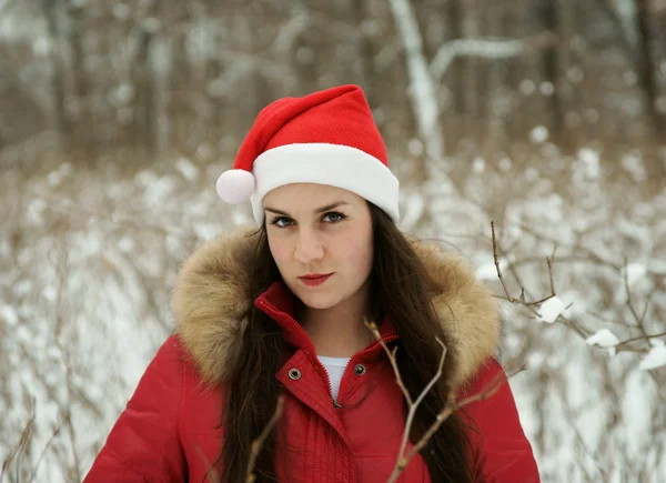 Ağaç Noel Baba şapkalı bir kız — Stok fotoğraf