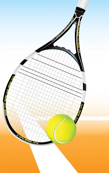 Μπάλα του τένις στο γήπεδο με τη ρακέτα στο παρασκήνιο — Διανυσματικό Αρχείο