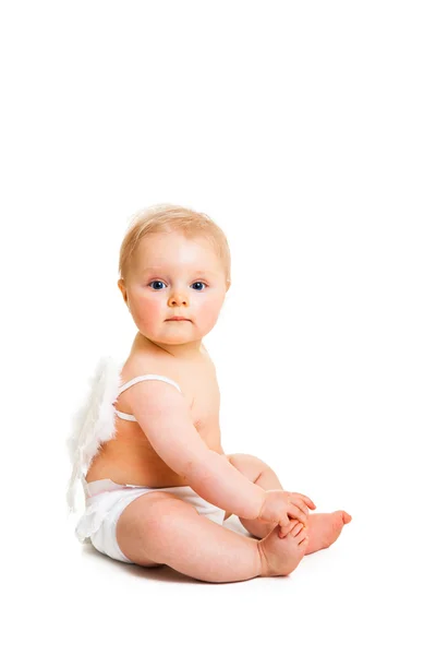 Słodkie niemowląt anioła ze skrzydłami na białym tle — Zdjęcie stockowe