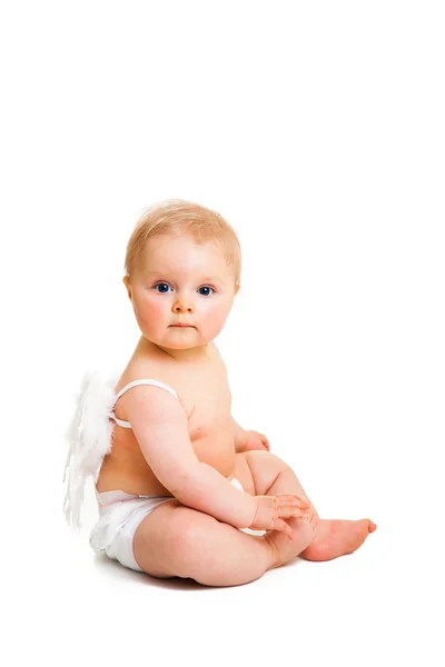 Słodkie niemowląt anioła ze skrzydłami na białym tle — Zdjęcie stockowe