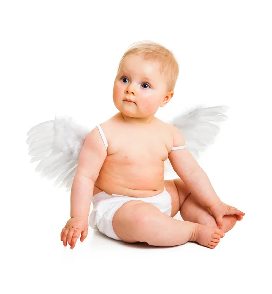 Şirin Bebek Melek kanatları üzerinde beyaz izole — Stok fotoğraf