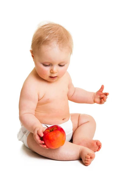 Niedliche Säugling Mädchen mit Apfel isoliert auf weiß — Stockfoto