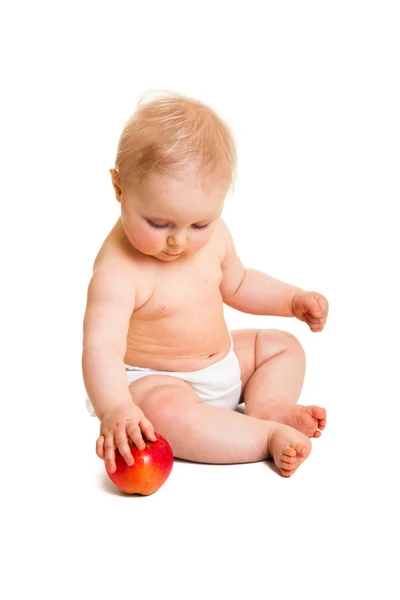Menina bonito infantil com maçã isolada em branco — Fotografia de Stock