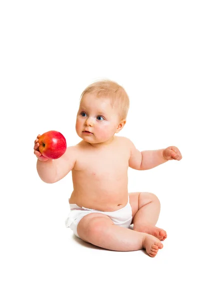 Cute infant girl with apple isolated on white — Stock Photo, Image