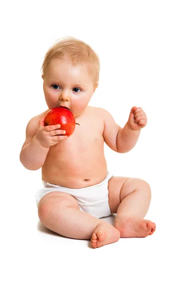 Cute infant girl with apple isolated on white — Stock Photo, Image