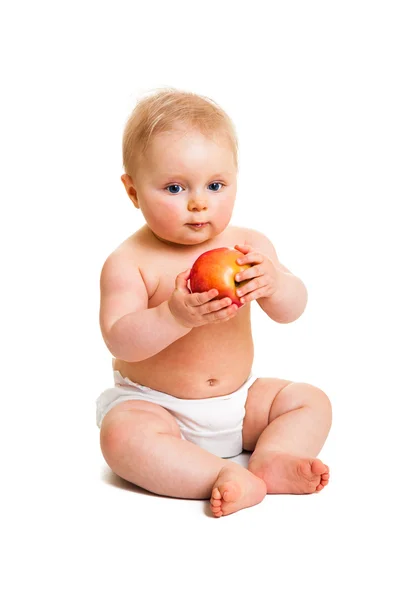 stock image Cute infant girl with apple isolated on white