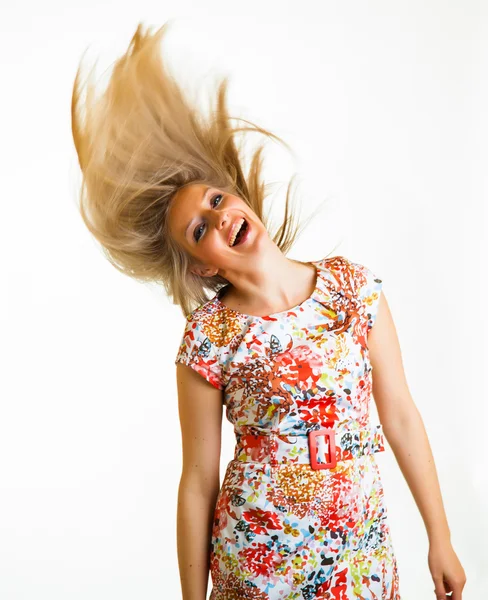 Blond kvinna i klänning isolerad på vit — Stockfoto