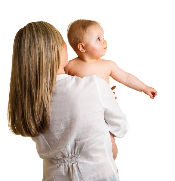 Mother holding cute infant girl isolated on white — Stock Photo, Image