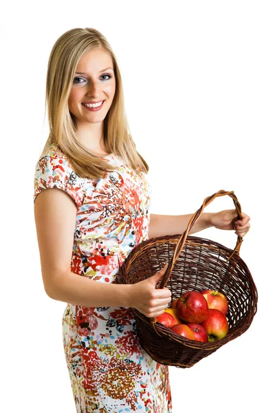 Beauty blond girl with apple isolated on white — Stock Photo, Image