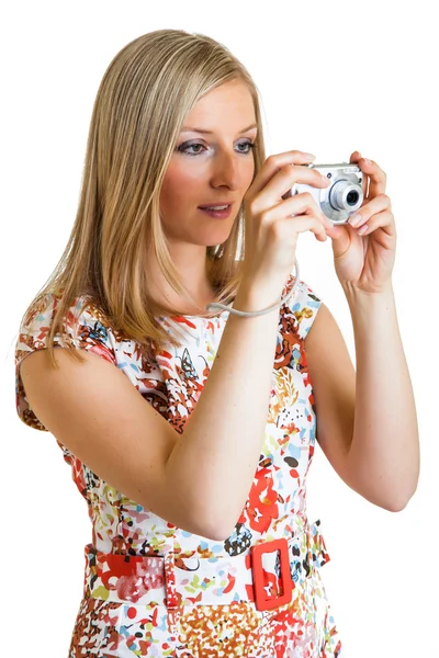 Woman taking photos isolated on white — Stock Photo, Image