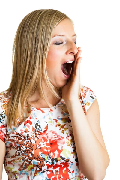 Yawning woman isolated on white — Stock Photo, Image