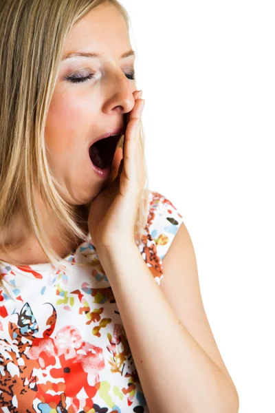 Yawning woman isolated on white — Stock Photo, Image