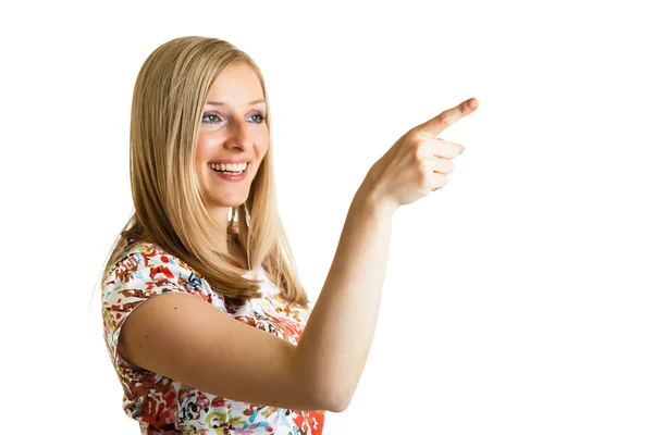 Woman pointing finger isolated on white — Stock Photo, Image