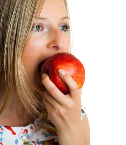 Beauty blond girl with apple isolated on white — Stock Photo, Image