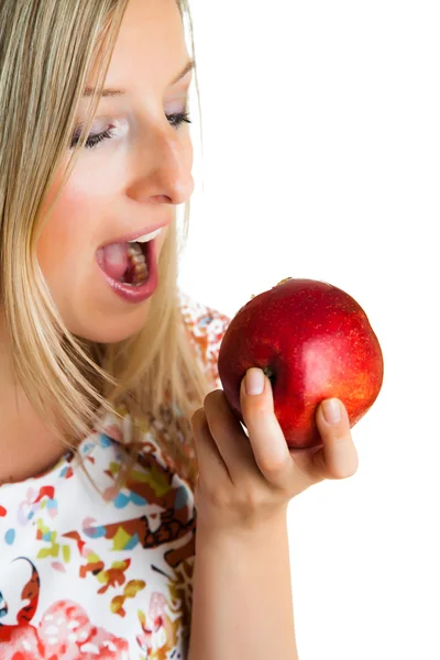 Belleza chica rubia con manzana aislada en blanco —  Fotos de Stock