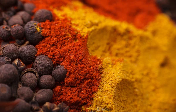 Closeup of spices composition, anise, cinnamon, paprica, curry, pepper — Stock Photo, Image