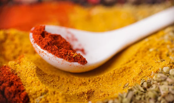 Close-up van specerijen samenstelling, anijs, kaneel, paprica, kerrie, peper — Stockfoto