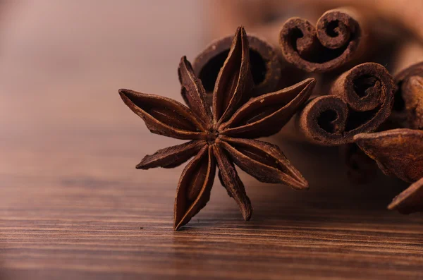 Close-up van kaneelstokjes en anijs sterren specerijen — Stockfoto