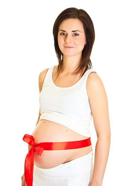 레드 리본 흰색 절연 갈색 임신한 여자 — 스톡 사진