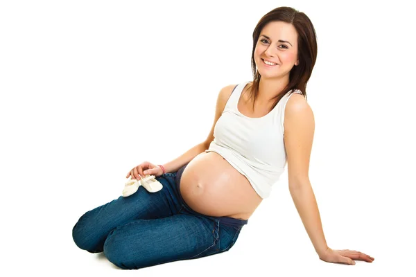 Gravid brunett isolerad på vit — Stockfoto