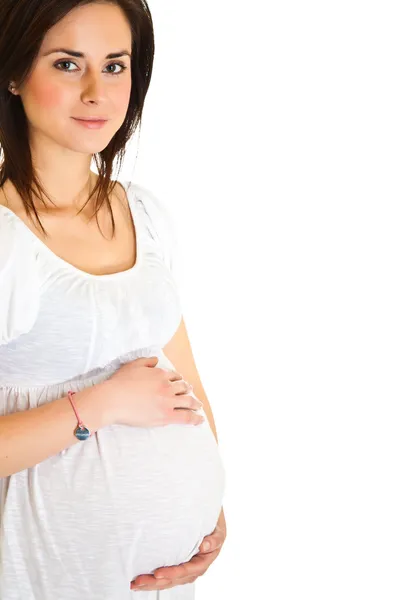 Pregnant brunette isolated on white — Stock Photo, Image