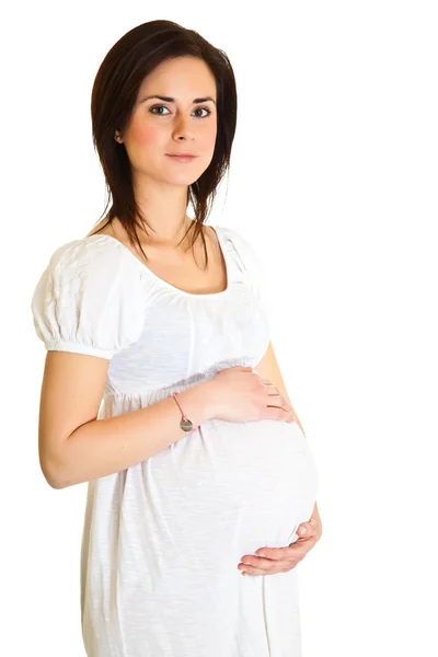 Embarazada morena aislada en blanco — Foto de Stock