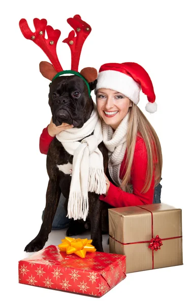 Woman with christmas dog — Stock Photo, Image