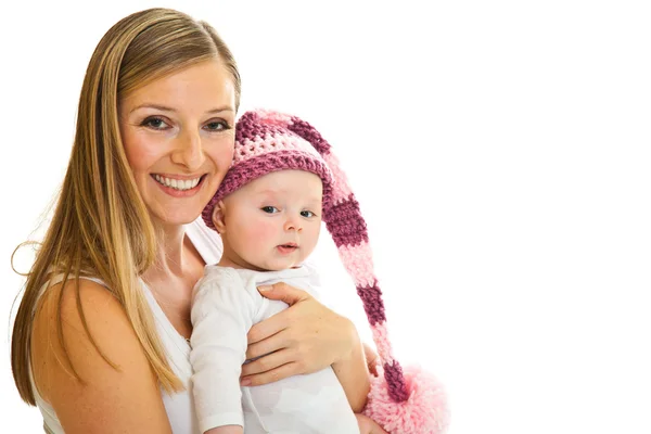 Mor med glad och söt spädbarn flicka som isolerad på vit — Stockfoto