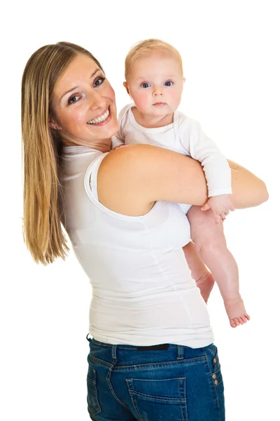母亲与快乐和可爱婴儿女婴被隔绝在白色 — 图库照片